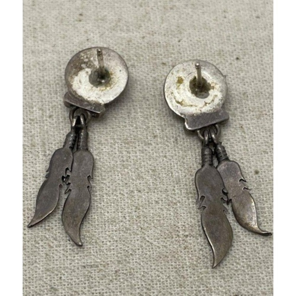 Vintage Sterling Silver 925 Double Feather Dangle Post Earrings Southwestern - Picture 2 of 4